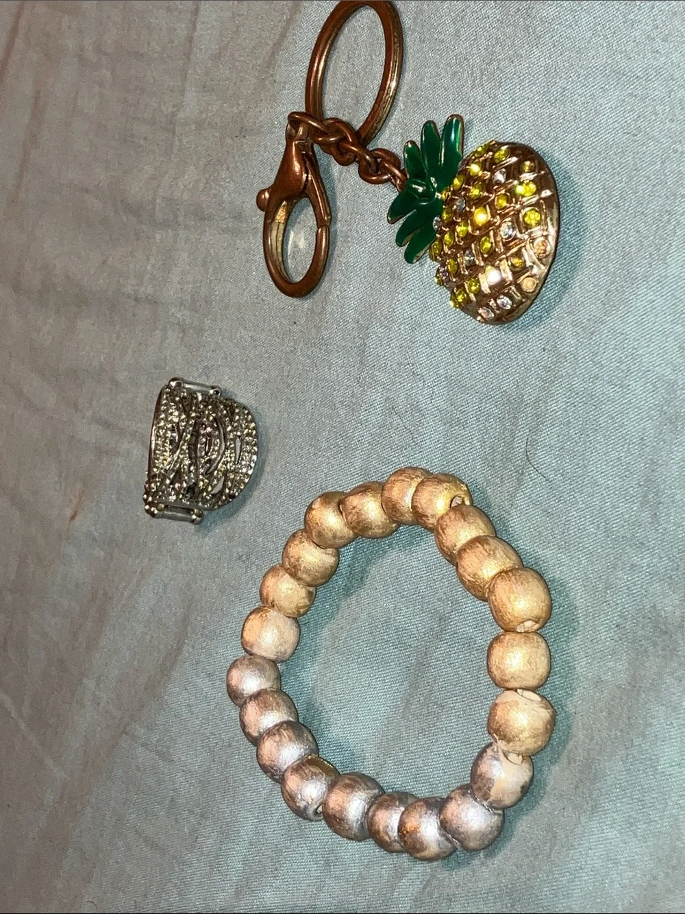 3 pc. Set Silver -Tone Beaded Stretch Bracelet & Ring & Keychain